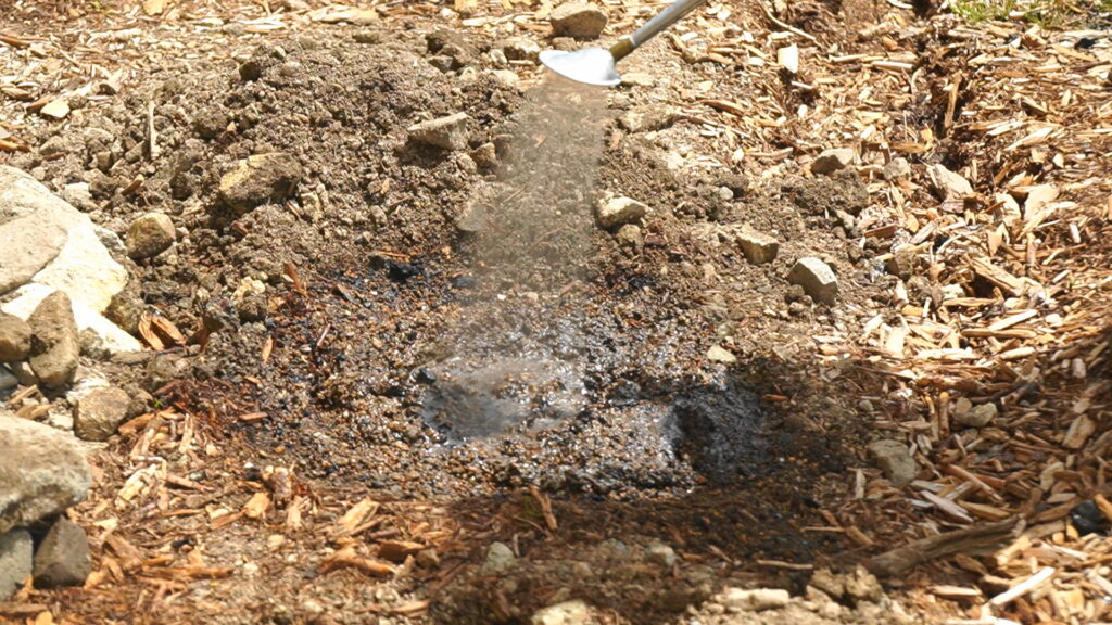 土ごと発酵をするために、えひめAI(酵母菌・乳酸菌・納豆菌)と光合成細菌を希釈した水で湿らせる